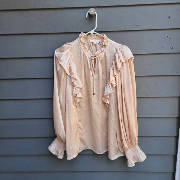 Entro Beige Ruffle Blouse Gathered Sleeves size Large - Picture 1 of 12